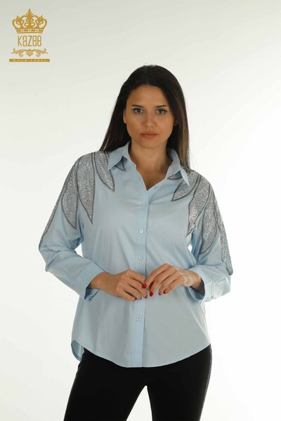 Wholesale Women's Shirt with Shoulder Detail Blue - 20478 | KAZEE 