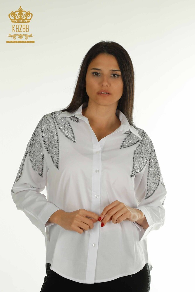 Wholesale Women's Shirt White with Shoulder Detail - 20478 | KAZEE - 1