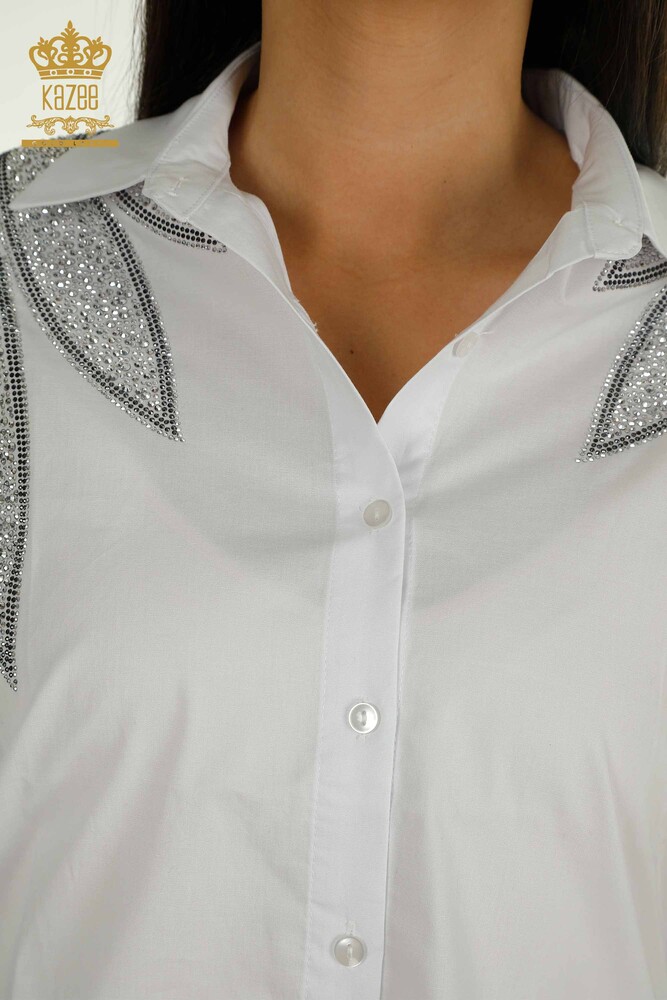 Wholesale Women's Shirt White with Shoulder Detail - 20478 | KAZEE - 3