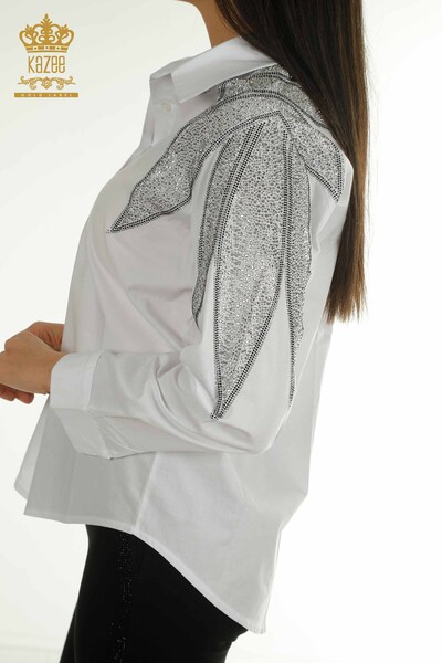 Wholesale Women's Shirt White with Shoulder Detail - 20478 | KAZEE - 5