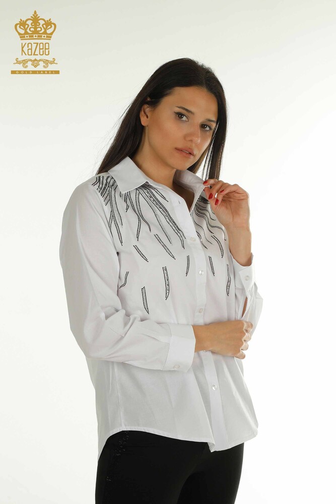 Wholesale Women's Shirt Stone Embroidered White - 20477 | KAZEE - 1