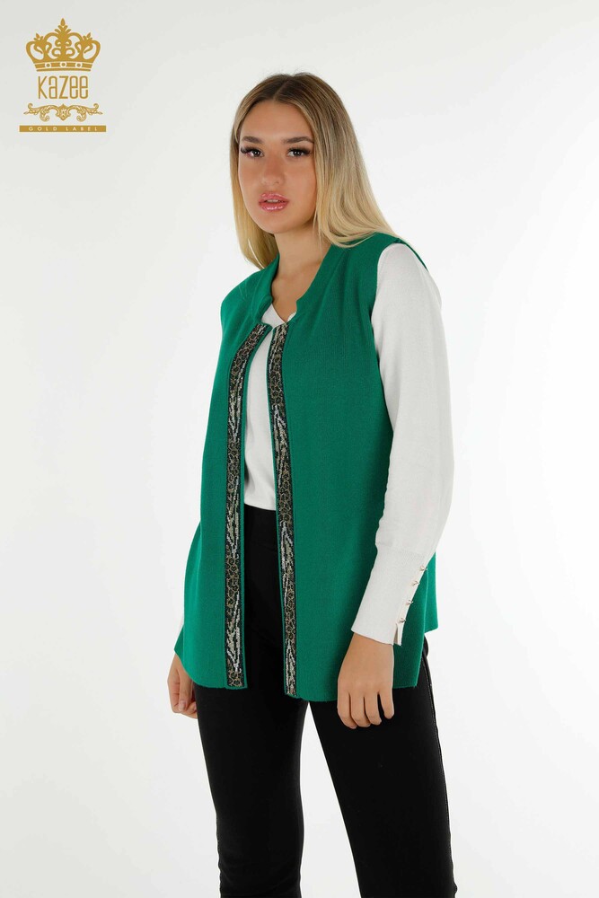 Wholesale Women's Short Vest Leopard Stone Embroidered Green - 30616 | KAZEE - 1