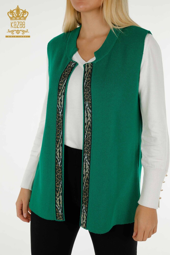 Wholesale Women's Short Vest Leopard Stone Embroidered Green - 30616 | KAZEE - 2