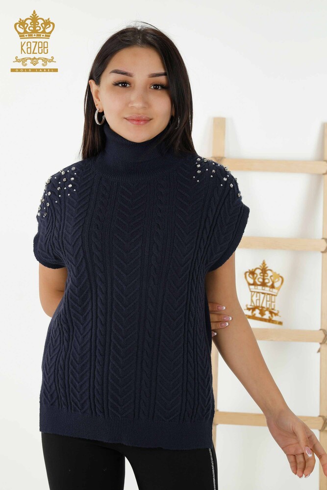 Wholesale Women's Sleeveless Sweater - Crystal Stone Embroidered - Navy Blue - 30242 | KAZEE - 1