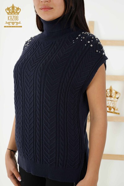 Wholesale Women's Sleeveless Sweater - Crystal Stone Embroidered - Navy Blue - 30242 | KAZEE - 2