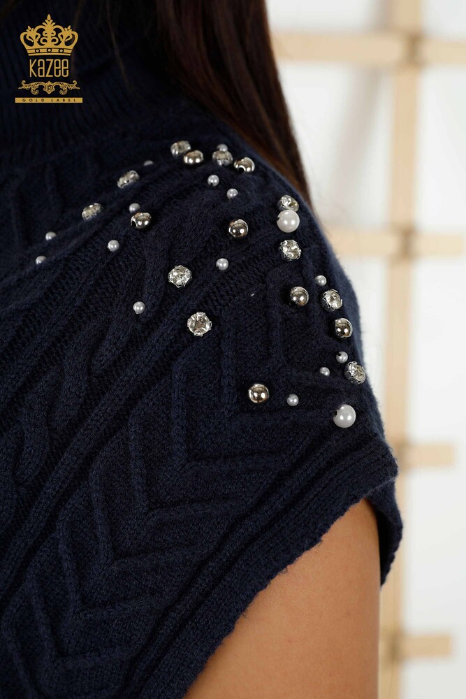 Wholesale Women's Sleeveless Sweater - Crystal Stone Embroidered - Navy Blue - 30242 | KAZEE - 6