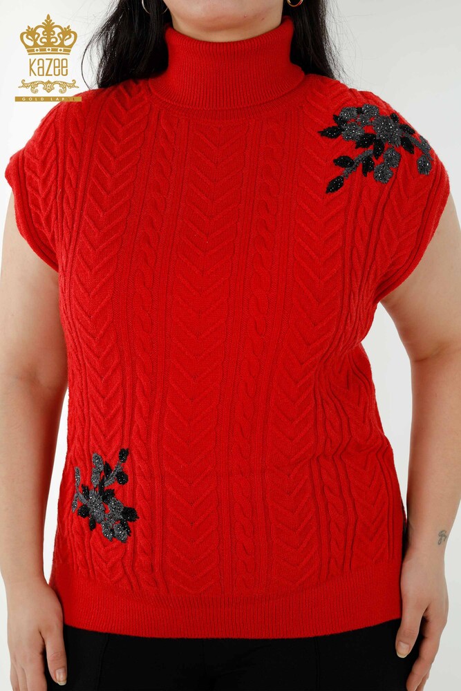 Wholesale Women's sleeveless sweater Floral Pattern Red - 30179 | KAZEE - 2