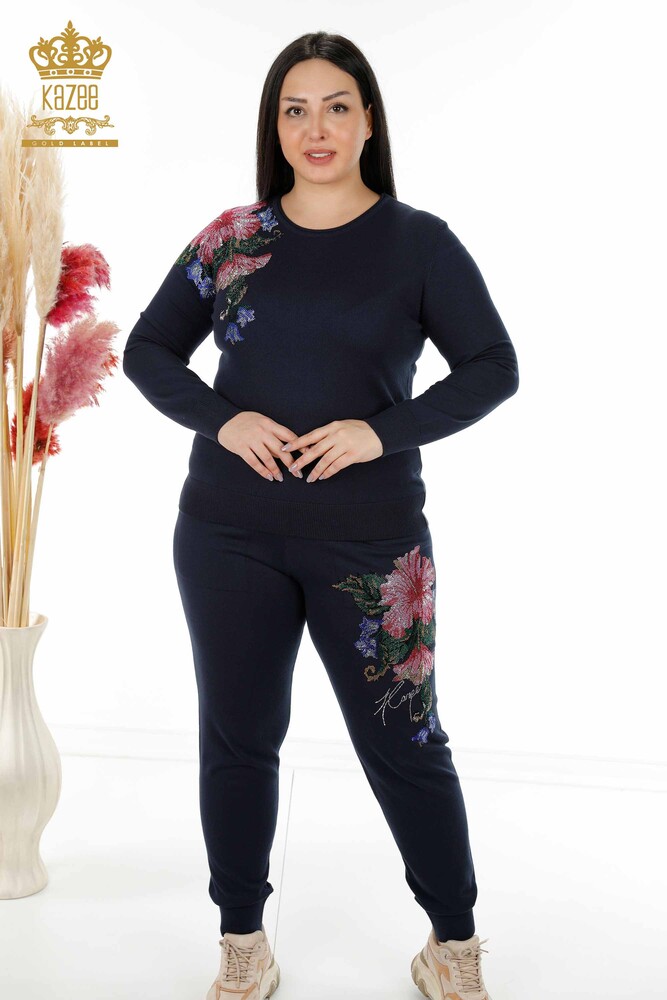 Wholesale Women's Tracksuit Set Floral Patterned Navy - 16522 | KAZEE - 1