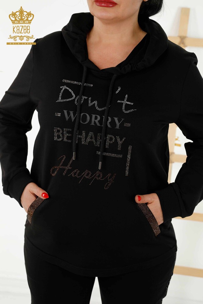 Wholesale Women's Tracksuit Set - Text Detailed - Black - 17376 | KAZEE - 4