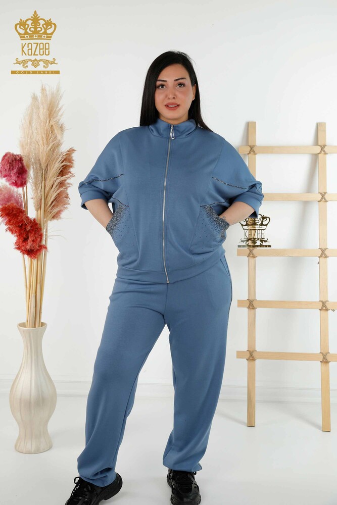 Wholesale Women's Tracksuit Set Short Sleeve Zipper Indigo - 17547 | KAZEE - 1