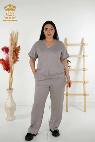 Wholesale Women's Tracksuit Set - Stone Embroidered - Pockets - Gray - 20391 | KAZEE - Thumbnail