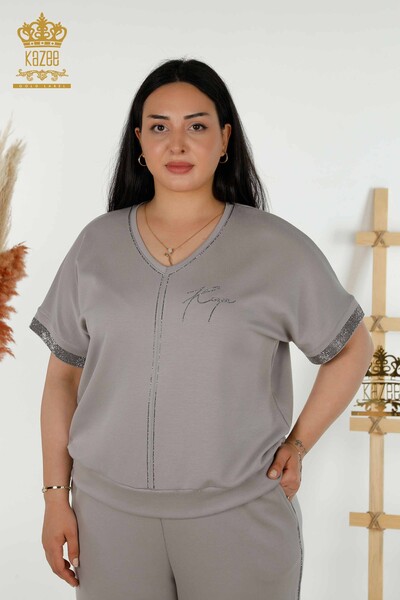 Wholesale Women's Tracksuit Set - Stone Embroidered - Pockets - Gray - 20391 | KAZEE - Thumbnail