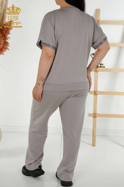 Wholesale Women's Tracksuit Set - Stone Embroidered - Pockets - Gray - 20391 | KAZEE - Thumbnail