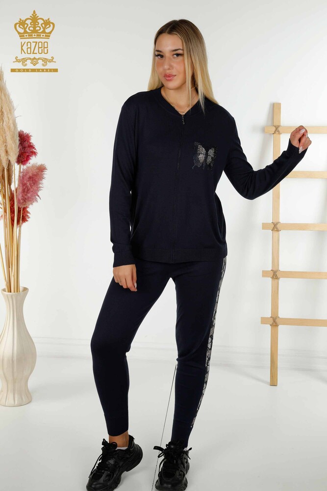 Wholesale Women's Tracksuit Set - Butterfly Pattern - Navy Blue - 16678 | KAZEE - 1