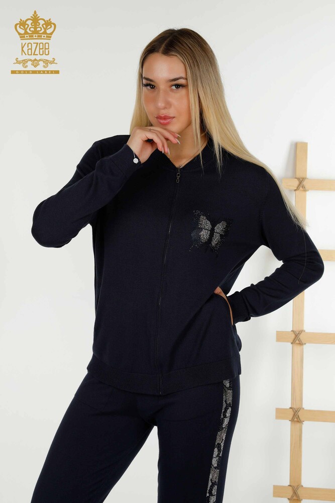 Wholesale Women's Tracksuit Set - Butterfly Pattern - Navy Blue - 16678 | KAZEE - 2