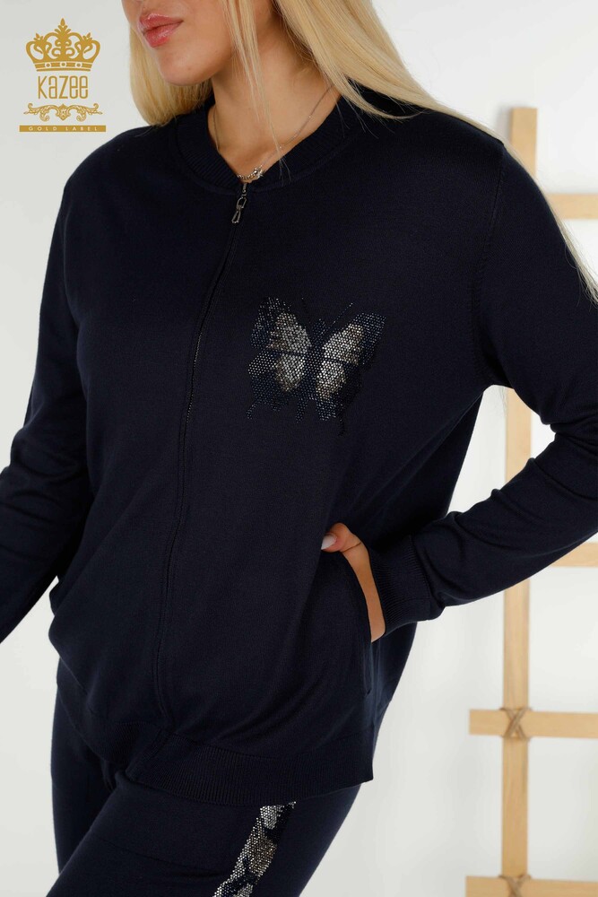 Wholesale Women's Tracksuit Set - Butterfly Pattern - Navy Blue - 16678 | KAZEE - 5