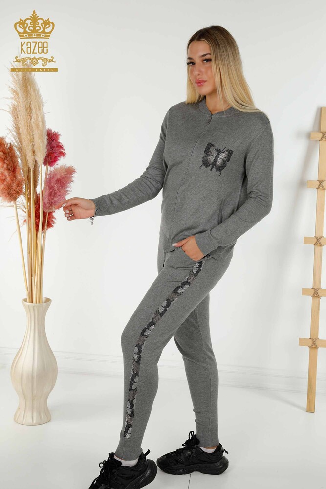 Wholesale Women's Tracksuit Set - Butterfly Pattern - Gray - 16678 | KAZEE - 1