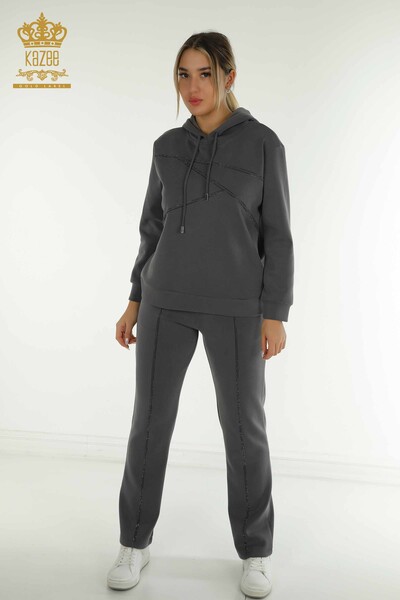 Wholesale Women's Tracksuit Set Stone Embroidered Anthracite - 17628 | KAZEE - Kazee