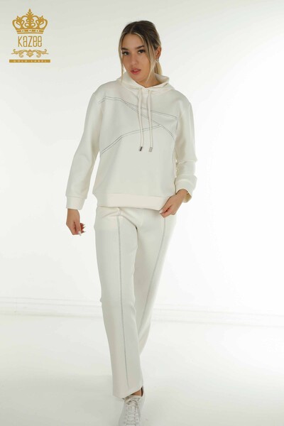 Wholesale Women's Tracksuit Set, Stone Embroidered Ecru - 17628 | KAZEE - Kazee