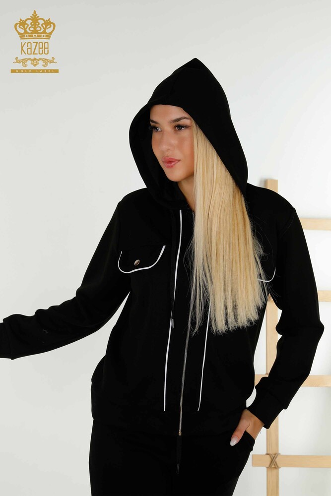 Wholesale Women's Tracksuit Set - Two Pocket Detailed - Black Ecru - 17595 | KAZEE - 2