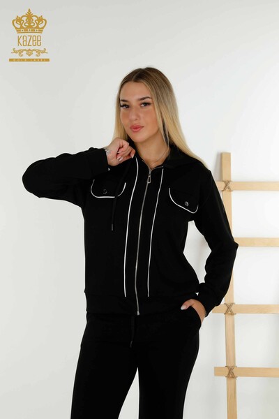 Wholesale Women's Tracksuit Set - Two Pocket Detailed - Black Ecru - 17595 | KAZEE - 3