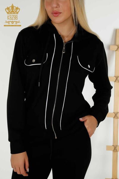 Wholesale Women's Tracksuit Set - Two Pocket Detailed - Black Ecru - 17595 | KAZEE - 4