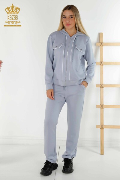 Wholesale Women's Tracksuit Set - Two - Pocket Detailed - Blue Ecru - 17595 | KAZEE 