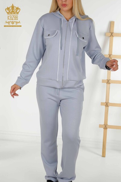 Wholesale Women's Tracksuit Set - Two - Pocket Detailed - Blue Ecru - 17595 | KAZEE - 4