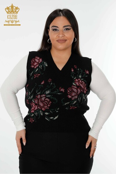 Wholesale Women's Sweater Floral Pattern Black - 19106 | KAZEE - 1