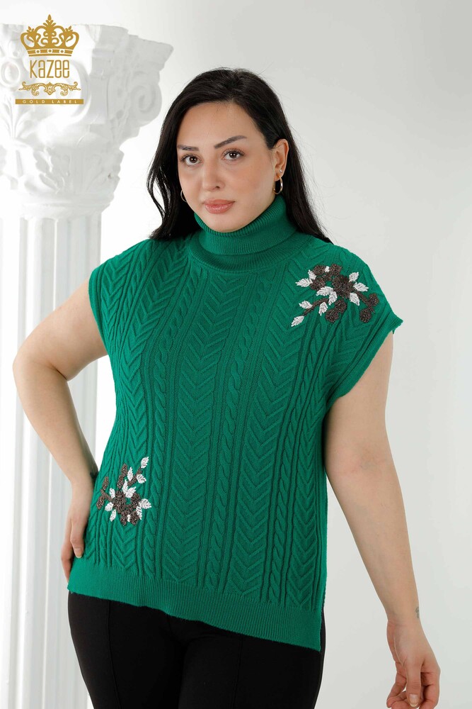 Wholesale Women's Sweater Floral Pattern Green - 30179 | KAZEE - 1