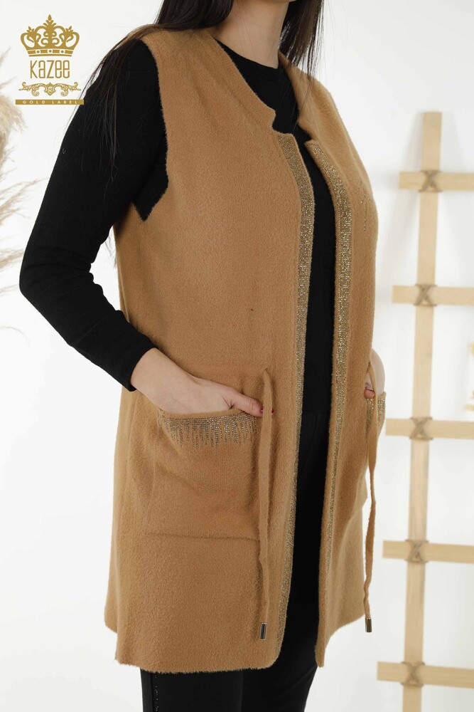 Wholesale Women's Vest Stone Embroidered Corded Camel - 30244 | KAZEE - 2