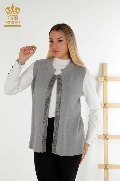 Wholesale Women's Vest Colored Stone Embroidered Gray - 30617 | KAZEE 