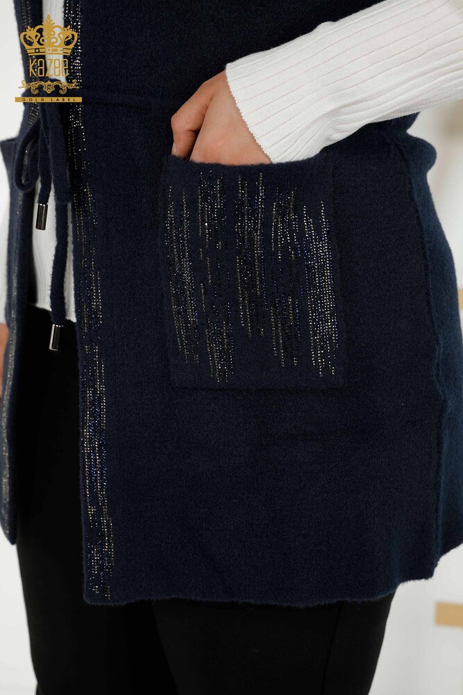 Wholesale Women's Vest Crystal Stone Embroidered Navy Blue - 30495 | KAZEE - 4