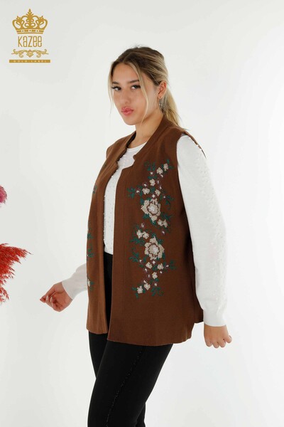 Wholesale Women's Vest Flower Embroidered Brown - 30644 | KAZEE 