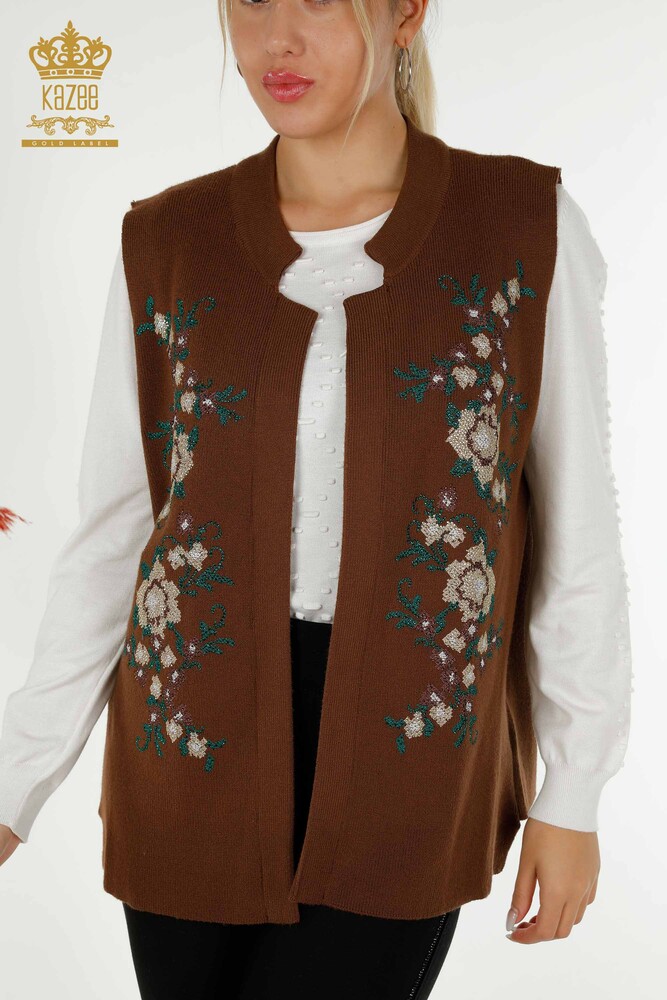 Wholesale Women's Vest Flower Embroidered Brown - 30644 | KAZEE - 2