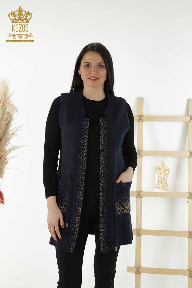 Wholesale Women's Vest - Leopard Stone Embroidered - Navy Blue - 30245 | KAZEE - 1