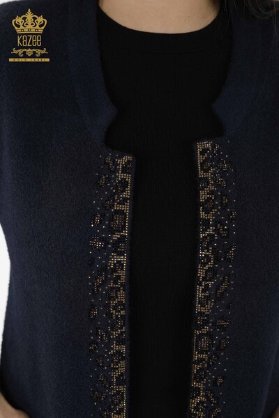 Wholesale Women's Vest - Leopard Stone Embroidered - Navy Blue - 30245 | KAZEE - 4