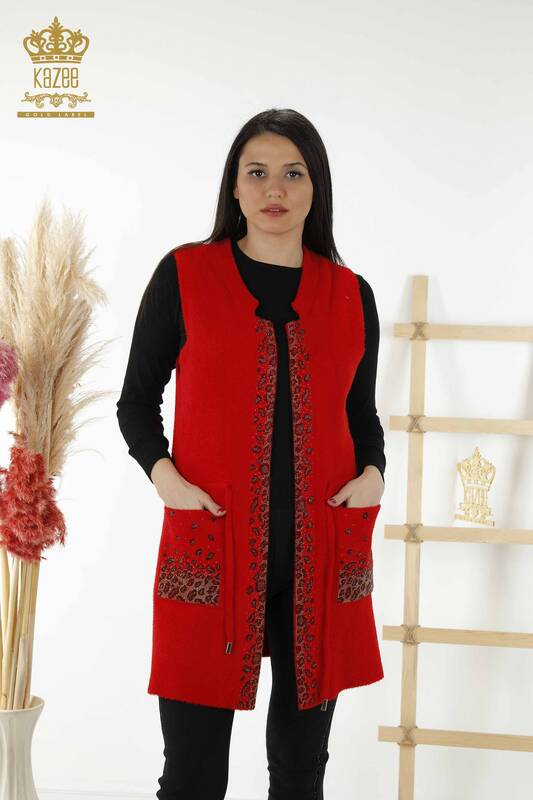 Wholesale Women's Vest - Leopard Stone Embroidered - Red - 30245 | KAZEE