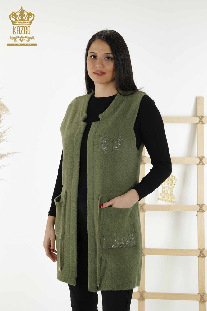 Wholesale Women's Vest - Pocket Stone Embroidered - Khaki - 30243 | KAZEE - 1