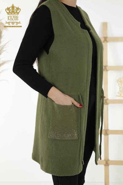 Wholesale Women's Vest - Pocket Stone Embroidered - Khaki - 30243 | KAZEE - 6