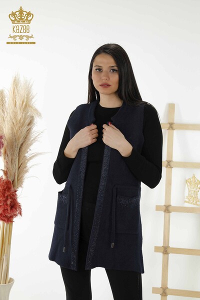 Wholesale Women's Vest - Stone Embroidered - Tied Rope - Navy Blue - 30244 | KAZEE - Kazee