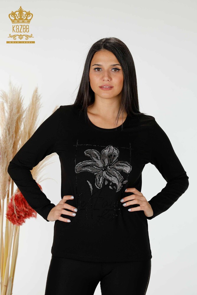 Wholesale Women's Blouse Floral Pattern Black - 79014 | KAZEE - 1