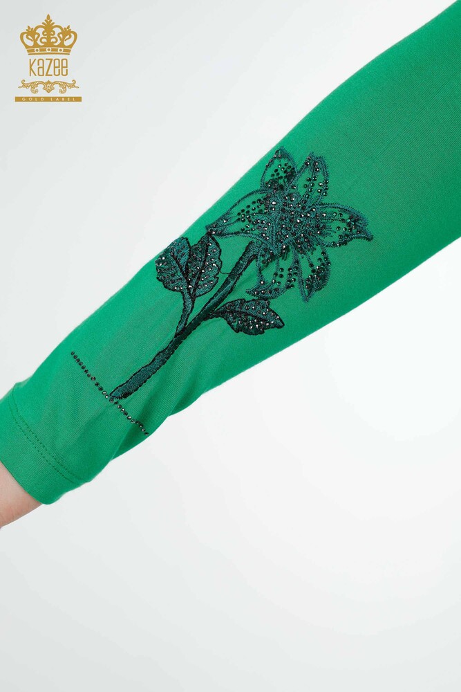 Wholesale Women's Blouse Stone Embroidered Green - 79011 | KAZEE - 4