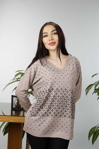 Wholesale Women's Combed Cotton V-Neck Patterned New Season Plus Size - 77937 | KAZEE - Kazee