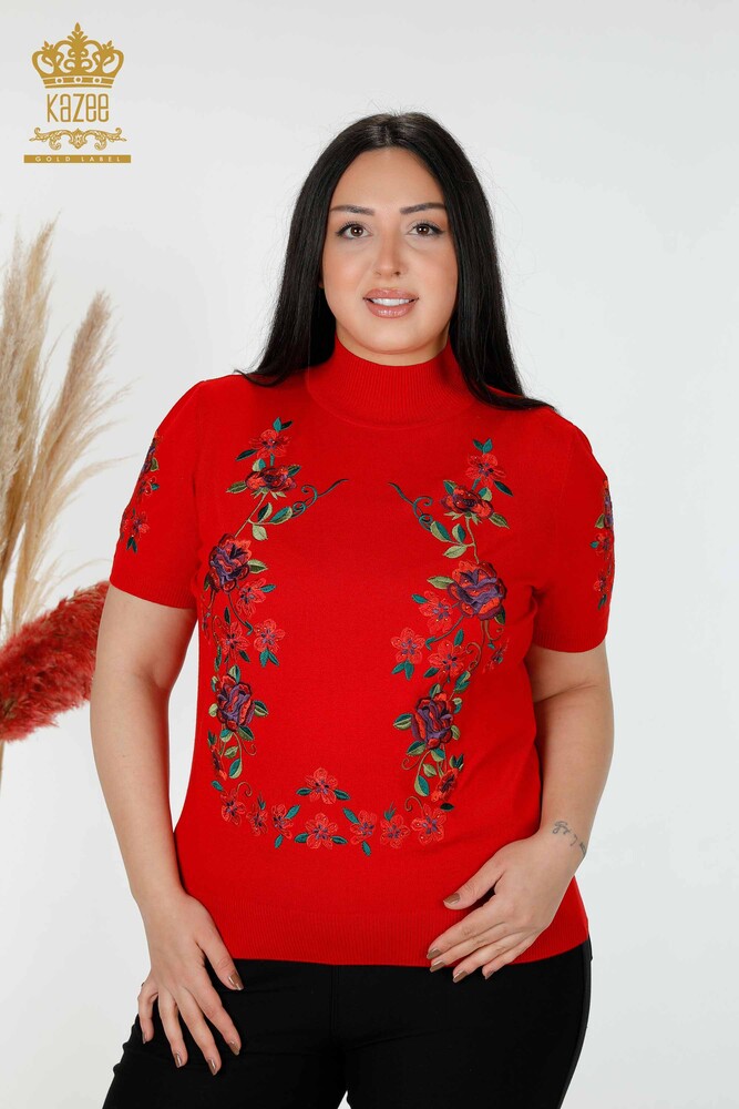 Wholesale Women's Knitwear Sweater Floral Pattern Red - 15876 | KAZEE - 1