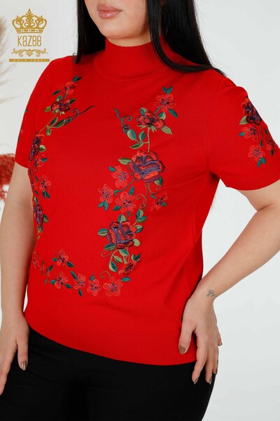 Wholesale Women's Knitwear Sweater Floral Pattern Red - 15876 | KAZEE - 2