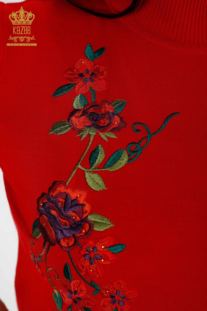 Wholesale Women's Knitwear Sweater Floral Pattern Red - 15876 | KAZEE - 4