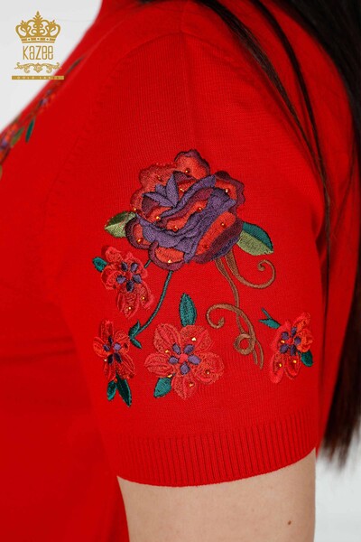 Wholesale Women's Knitwear Sweater Floral Pattern Red - 15876 | KAZEE - 7