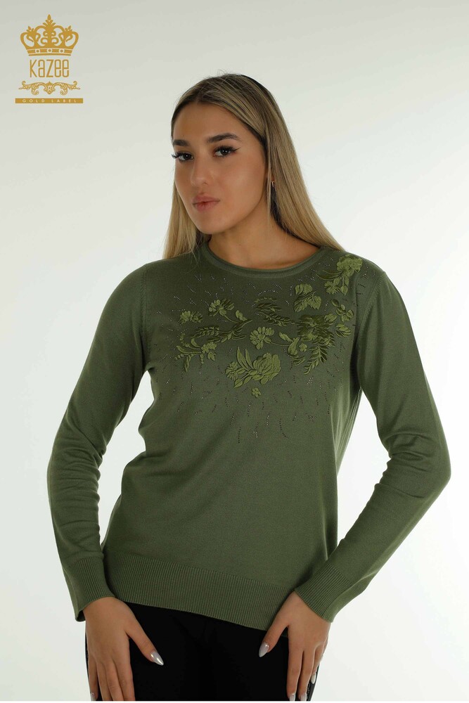 Wholesale Women's Knitwear Sweater Flower Embroidered Khaki - 16849 | KAZEE - 1