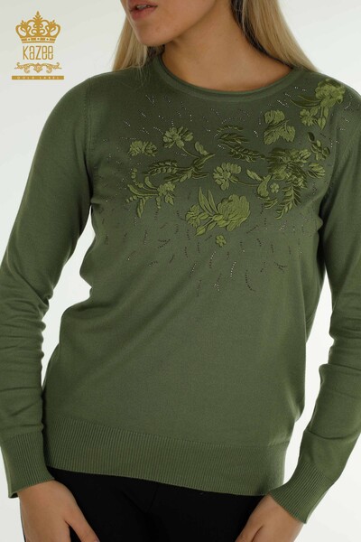 Wholesale Women's Knitwear Sweater Flower Embroidered Khaki - 16849 | KAZEE - 2